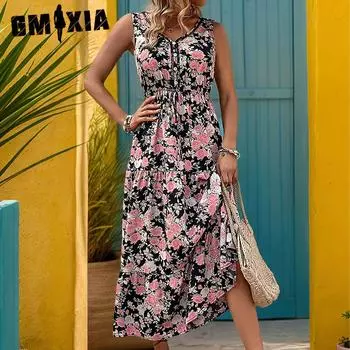 GMXIA Длинная юбка, летнее женское платье без рукавов с принтом в стиле пэчворк S чёрный