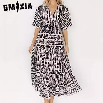 GMXIA Длинная винтажная юбка в полоску в стиле бохо с высокой талией и короткими рукавами, платье-блуза с принтом S чёрный