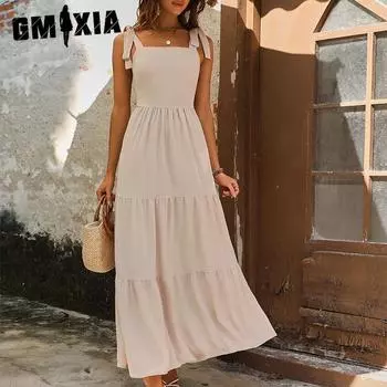 GMXIA Длинное летнее платье с бретельками через шею. Однотонное платье. S абрикосовый