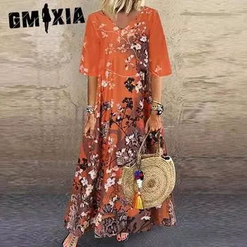 GMXIA Длинное платье с V-образным вырезом, повседневные принтованные длинные платья больших размеров S оранжевый
