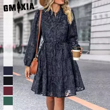 GMXIA Длинное прозрачное жаккардовое платье весна-осень S чёрный