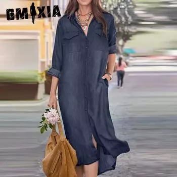 GMXIA Длинные джинсовые платья Юбка-воротник Повседневные джинсовые платья Длинные платья S синий