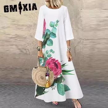GMXIA Длинные платья с рукавом миди и круглым вырезом Повседневные длинные платья с принтом больших размеров S белый