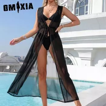 GMXIA Длинный пляжный халат на шнуровке из шифона, солнцезащитный крем поверх бикини-кардигана Uniform size чёрный