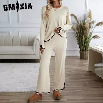 GMXIA Длинный рукав О-образный вырез Повседневный однотонный трикотажный шерстяной костюм с длинными рукавами Костюмы и комплекты S чёрный