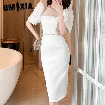 GMXIA Платье Летнее светское платье Sense с круглым вырезом и бисером Белое облегающее длинное платье S белый