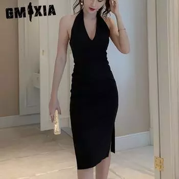 GMXIA Элегантное черное платье Herben, сексуальное, с глубоким V-образным вырезом, темпераментное, облегающее, с разрезом на ягодицах, платье S чёрный
