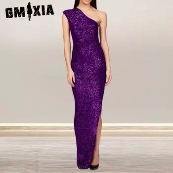 GMXIA Платье летнее женское без рукавов одно плечо разрез пайетки макси платье женское темпераментное платье S чёрный