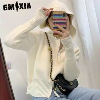 GMXIA Двойная молния с капюшоном свитер пальто женский осень зима мягкий ветер похудение возраст темперамент короткий вязаный кардиган женский One size серый