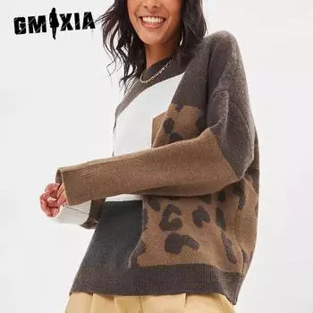 GMXIA Джемпер женский леопардовый принт осень и зима ретро свободная верхняя одежда ленивый ветер вязание темперамент пуловер топы One size зелёный