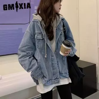 GMXIA Джинсовая куртка с капюшоном, женская, весна-осень, легкая, свободная, повседневная куртка, трендовые куртки и пальто S