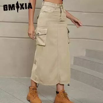 GMXIA Джинсовая юбка-карго Повседневная юбка средней длины Тренд S чёрный