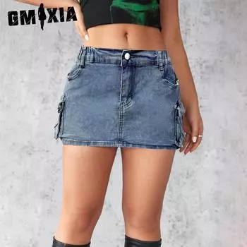GMXIA Джинсовая юбка женская летняя винтажная эластичная узкая юбка с карманом-карго S светло-синий
