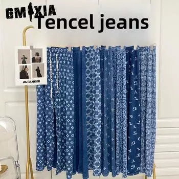 GMXIA Джинсовые брюки Ice Silk с широкими штанинами, женские, с высокой талией, для похудения, летние, свободные, повседневные, узкие, прямые брюки One Size