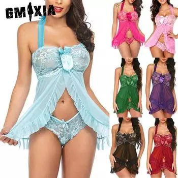 GMXIA Erotic Underwear, Sexy Off-the-neck Women s Net Tulle See-through Multi-color Pajamas Sets S
