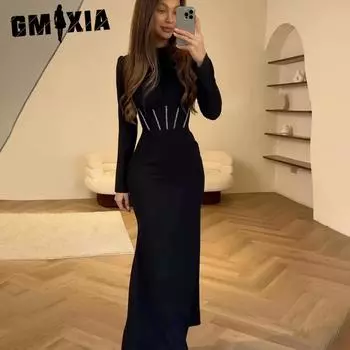 GMXIA Осеннее женское платье с тонкой плиссированной длинной юбкой нерегулярной формы и длинными рукавами на шнуровке S