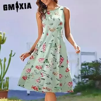 GMXIA Модное элегантное многоцветное принтованное женское платье-топ с круглым вырезом и цифровой печатью S светло-зеленый