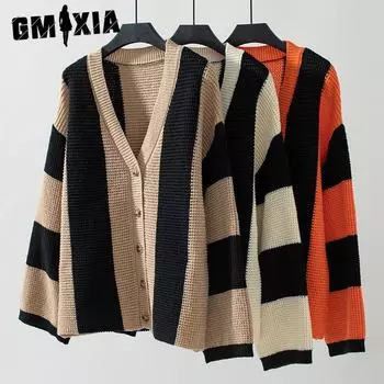 GMXIA Модный трикотаж Осень и зима Полоски Контрастный цвет Свободный расклешенный рукав свитер Трикотаж Кардиган Женщины S