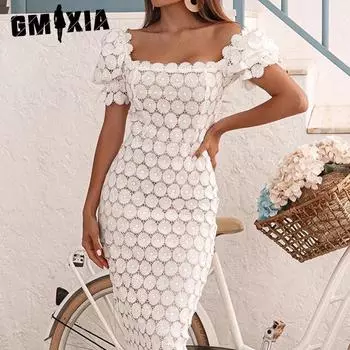 GMXIA Модная кружевная темпераментная юбка для пригородных поездок, трехцветное платье средней длины с запахом на груди и средней талией S белый