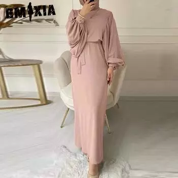 GMXIA Fashion Lantern Sleeve Waist Pack Hip O-Neck Long Sleeve Women Dress S зелёный