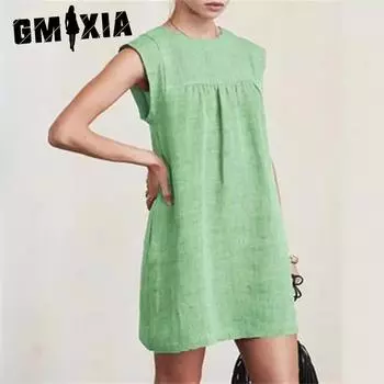 GMXIA Fashion Summer Loose Women s Casual Cotton Linen Solid Colour Dresses S жёлтый
