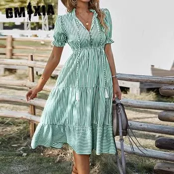 GMXIA Модное женское платье летнее полосатое платье стиль S синий