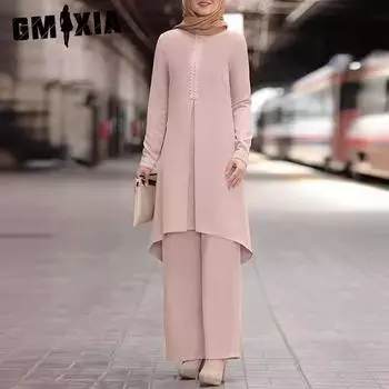 GMXIA Модный женский комплект из однотонного топа и брюк с длинными рукавами и кружевом спереди на весну и осень S чёрный