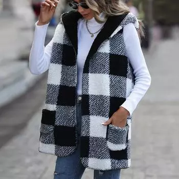 GMXIA Flannelette Повседневная женская куртка средней длины с капюшоном без рукавов в клетку с двухсторонним флисом S чёрный