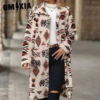 GMXIA Flash осень-зима женское однобортное длинное пальто с принтом в этническом стиле из плюша S абрикосовый