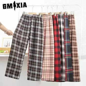 GMXIA Флисовые клетчатые брюки женские осенне-зимние утолщенные с высокой талией утягивающие прямые повседневные брюки в пол широкие брюки average size