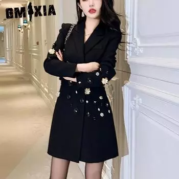 GMXIA Французский дизайн, черный костюм с бриллиантами, женское утягивающее темпераментное профессиональное маленькое мужское платье S чёрный