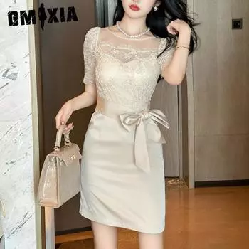 GMXIA Французское облегающее платье Женское летнее кружевное пэчворк-юбка на шнуровке с запахом на бедрах S абрикосовый