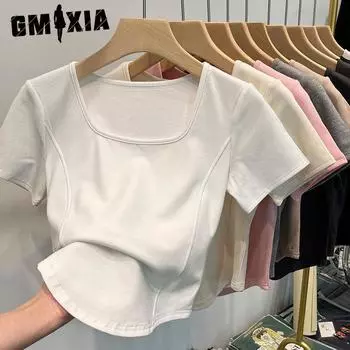 GMXIA Футболка белая с квадратным воротником и короткими рукавами, женская летняя, с закругленным подолом, большим вырезом, утягивающий, короткий топ Fishbone M белый
