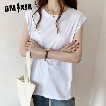 GMXIA Футболка без рукавов женская свободная летняя модная жилетка боди-рубашка топы верхняя одежда M чёрный