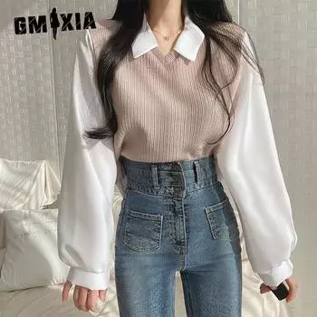 GMXIA Футболка большого размера из двух частей, женская, с воротником-поло, с длинным рукавом, свободный топ Hundred S синий