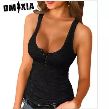 GMXIA Футболка-хипстер с U-образным вырезом без рукавов, однотонная, облегающая, хлопковая, с I-образным вырезом, без рукавов, на лето и весну S белый