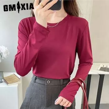 GMXIA Футболка-комбинезон с длинным рукавом и круглым вырезом, однотонная, осенняя, с низом One size