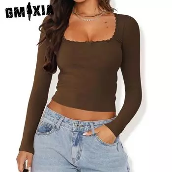 GMXIA Футболка с длинным рукавом, женская, утягивающая, кружевная, пэчворк, топ Spice Girl, U-образный вырез, базовая рубашка S