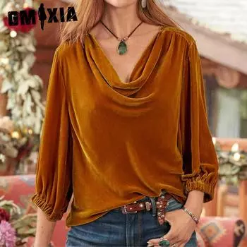 GMXIA Футболка с длинными рукавами и плиссировкой на шее канареечного цвета с длинными рукавами на осень-зиму S оранжевый