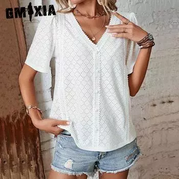 GMXIA Футболка с V-образным вырезом, летняя женская кружевная лоскутная футболка с коротким рукавом S белый