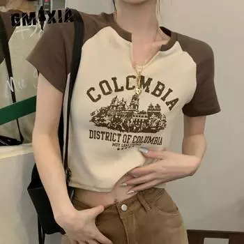 Футболка GMXIA Spice Girls с коротким рукавом и V-образным вырезом, женская летняя, сладкая и пряная, в стиле ретро, короткие студенческие топы S белый