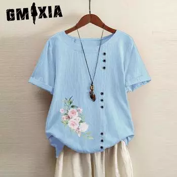 GMXIA Футболка женская летняя и осенняя из хлопка и льна в стиле ретро свободного покроя с коротким рукавом из хлопка и льна большого размера для женщин S