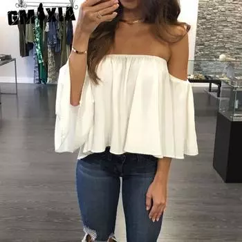 GMXIA Футболка женская шифоновая с коротким рукавом на одно плечо с принтом, лето-весна XS чёрный