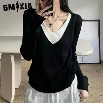 GMXIA Gentle Wind Design Sense Fake Two V-образный вырез Трикотаж Женский осенний топ с низом Женские свитера One size