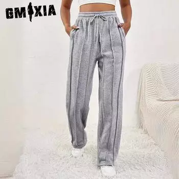 GMXIA Серые спортивные штаны Женские повседневные широкие брюки с высокой талией Свободные спортивные штаны в моде XS серый
