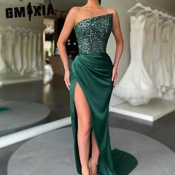 GMXIA Зеленое блестящее феерическое длинное вечернее платье без рукавов в модном стиле S зелёный
