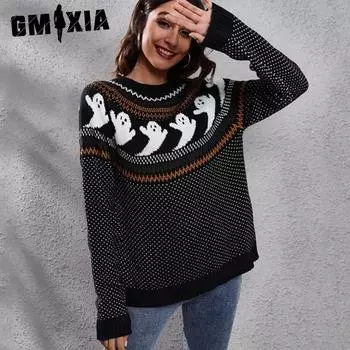 GMXIA Хэллоуин Призрак Винтажный горошек длинный рукав вязаный свитер для женщин свободные осень зима женские свитера S зелёный