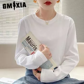 GMXIA Heavy Cotton Long Sleeve T-shirt Women s Loose Top Base Shirt Solid Color All-in-one Men s and Women s T-shirt S