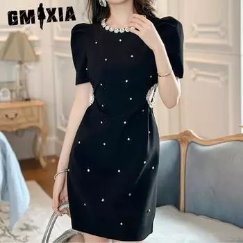 GMXIA Черное платье в стиле Хепберн, летнее женское платье в стиле тяжелой промышленности с отделкой ромбами на талии, А-силуэт, свободное платье S чёрный