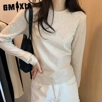 GMXIA Хлопковая однотонная базовая рубашка с круглым вырезом для женщин на весну и осень-зиму, накладывающаяся на узкую футболку с длинными рукавами, женская S